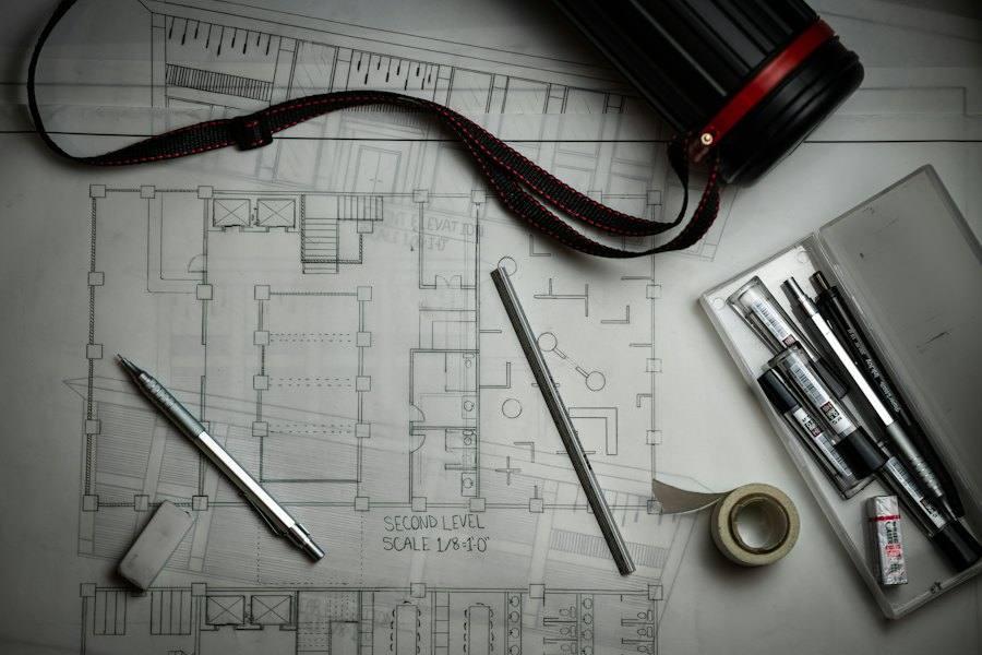 Architectural drawings with pencils and a ruler